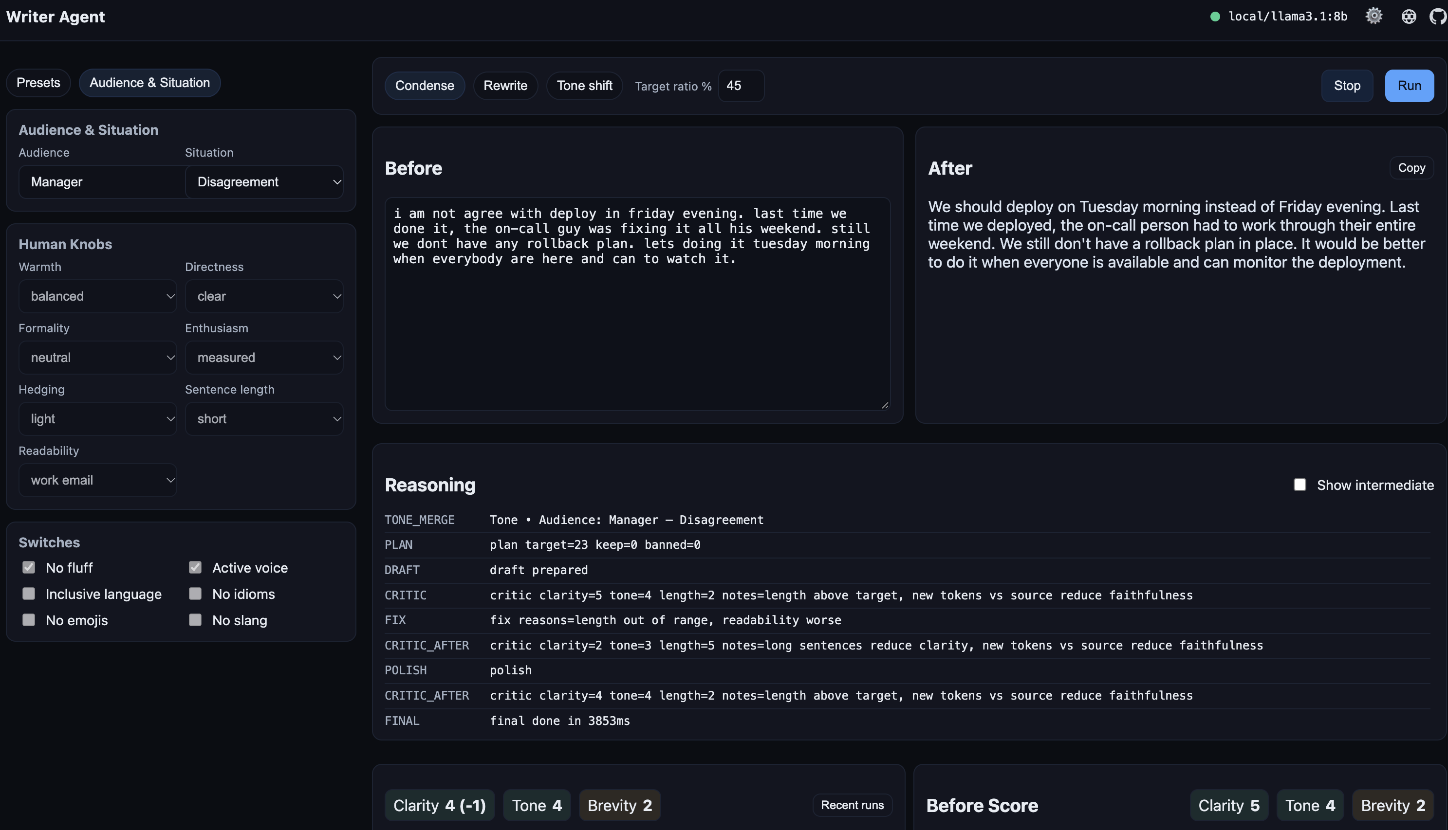 Writing Agent run on the deploy message: the Before and After texts, the reasoning steps and the scores. Before: clarity 5. After: clarity 4.